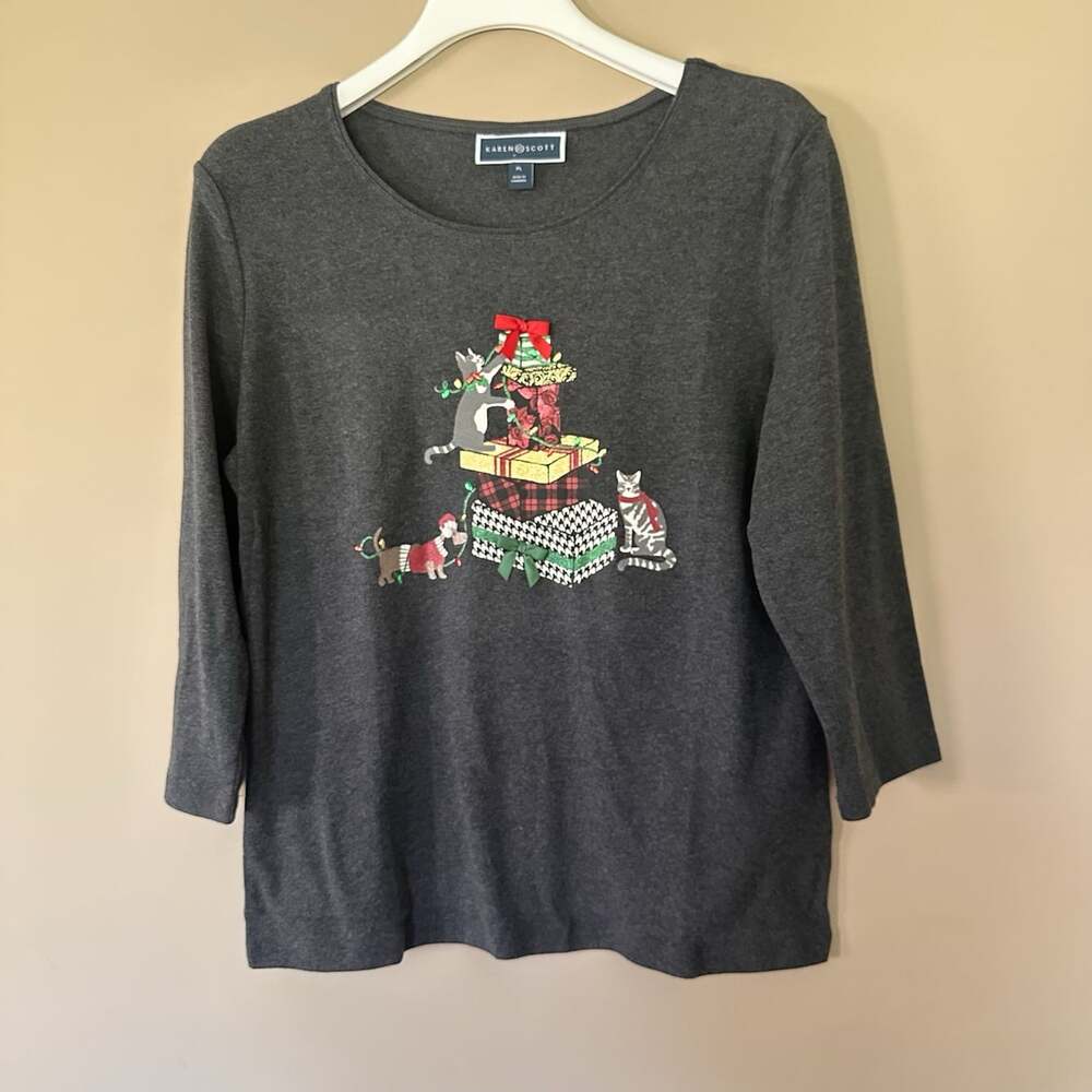 Casual Christmas Cat T-shirt 3/4 Sleeve Petite PL Dachshund Fun Festive Teacher